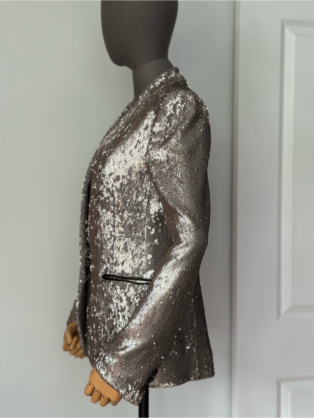 AllSaints Metallic Silver Sequin Blazer Tailored Party Statement Jacket